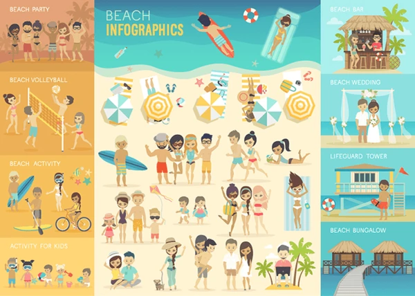 Conjunto de infografías de playa, gráficos, otros.